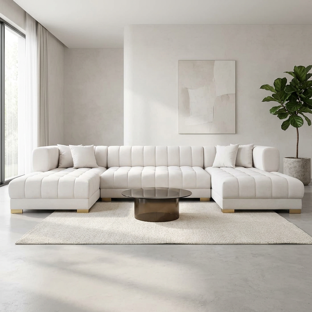 Tufted Velvet Dual Chaise Sectional Sofa 142" – Marlow U-Shaped Velvet Sectional (Ivory or Cognac)