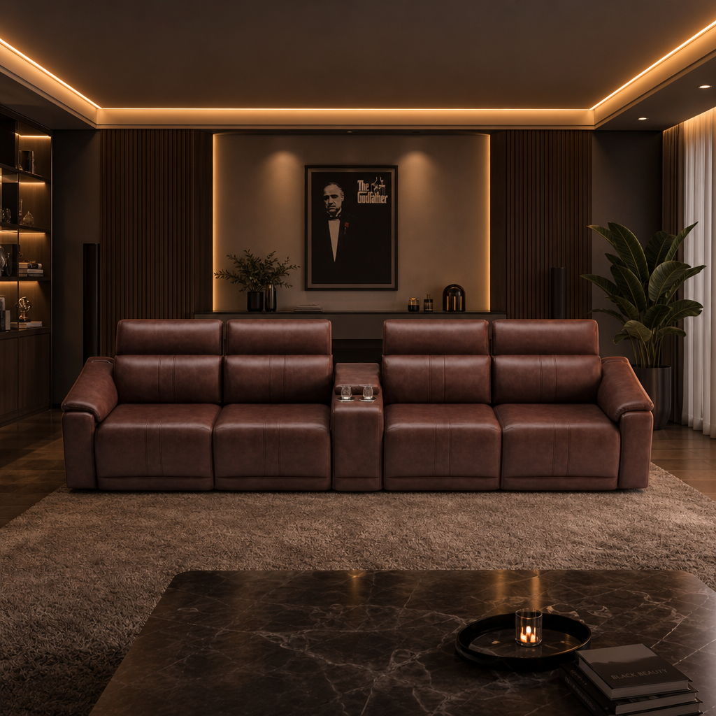 Modern Modular Leather Reclining Sectional Sofa – 5 Piece Couch with Cup Holders (4 Seat) in stylish living room setting.