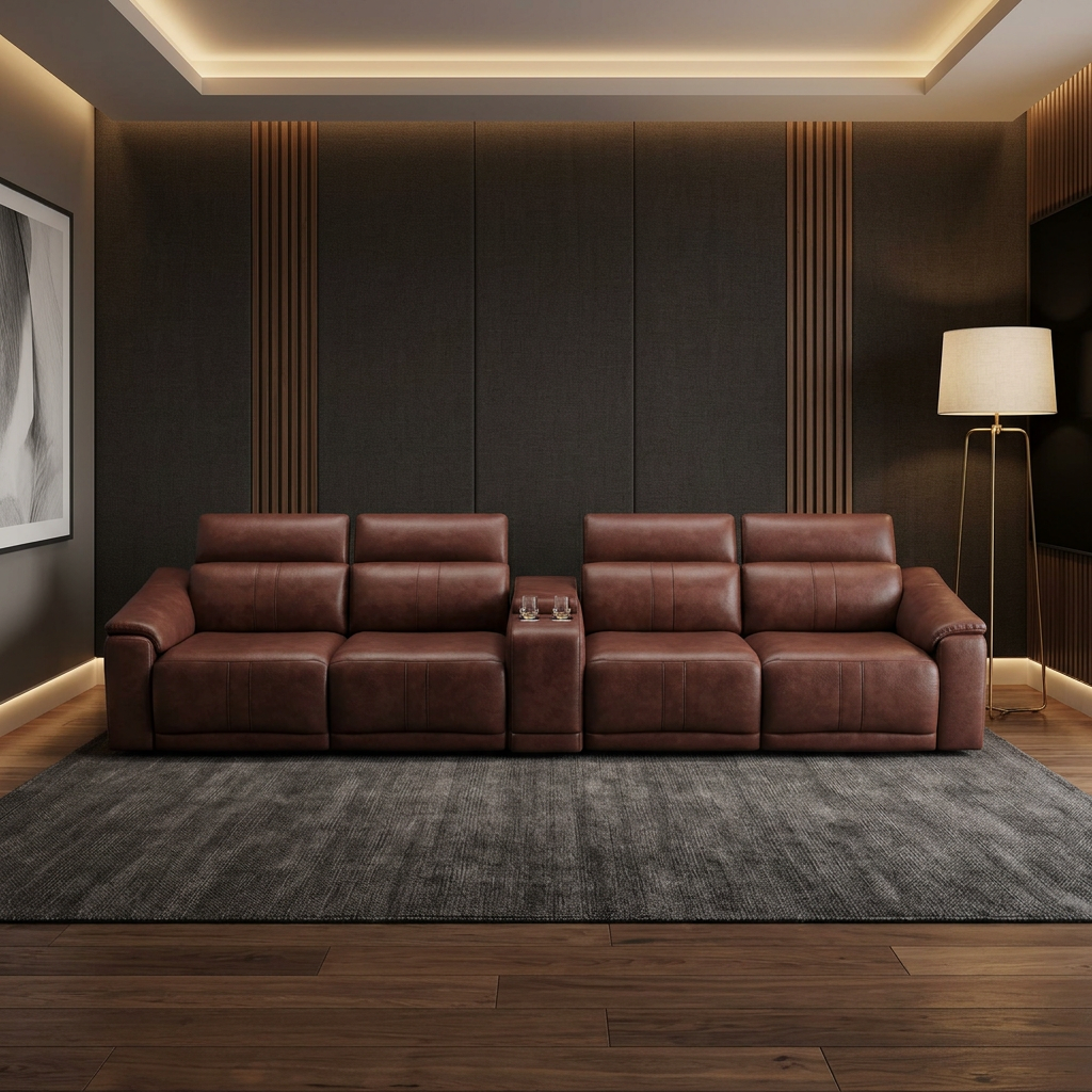 Modern Modular Leather Reclining Sectional Sofa – 5 Piece Couch with Cup Holders (4 Seat) in a cozy living room setting.