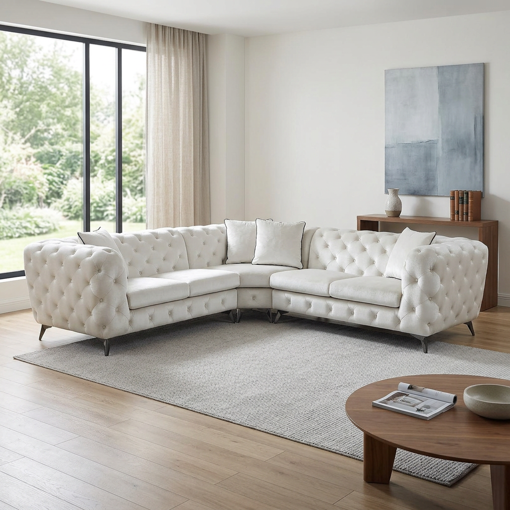 Atronia Beige Tufted Sectional Sofa 133" – Modern 5-Seat Corner Couch in stylish living room with natural light.