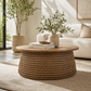 Kamari Rattan Round Coffee Table 44" – Solid Wood Top Drum Coffee Table (2 Finishes)