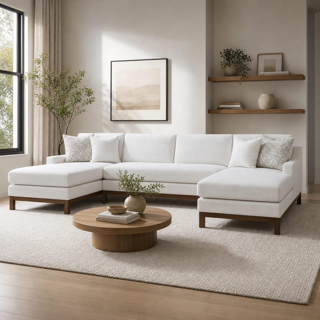 Valiant MCM Ivory Chenille U-Shape Sectional Sofa 127"