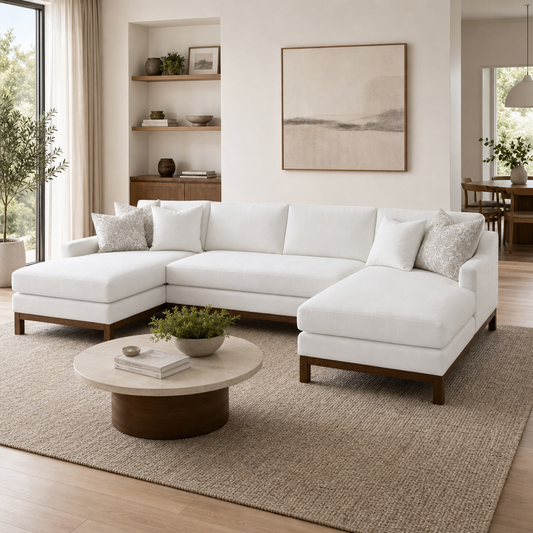 Valiant MCM Ivory Chenille U-Shape Sectional Sofa 127"