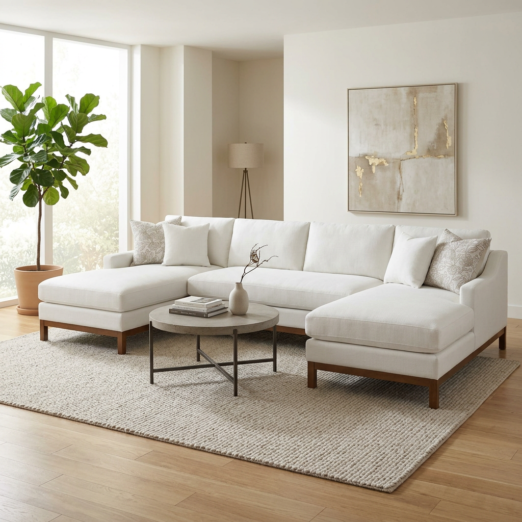 Valiant MCM Ivory Chenille U-Shape Sectional Sofa 127"