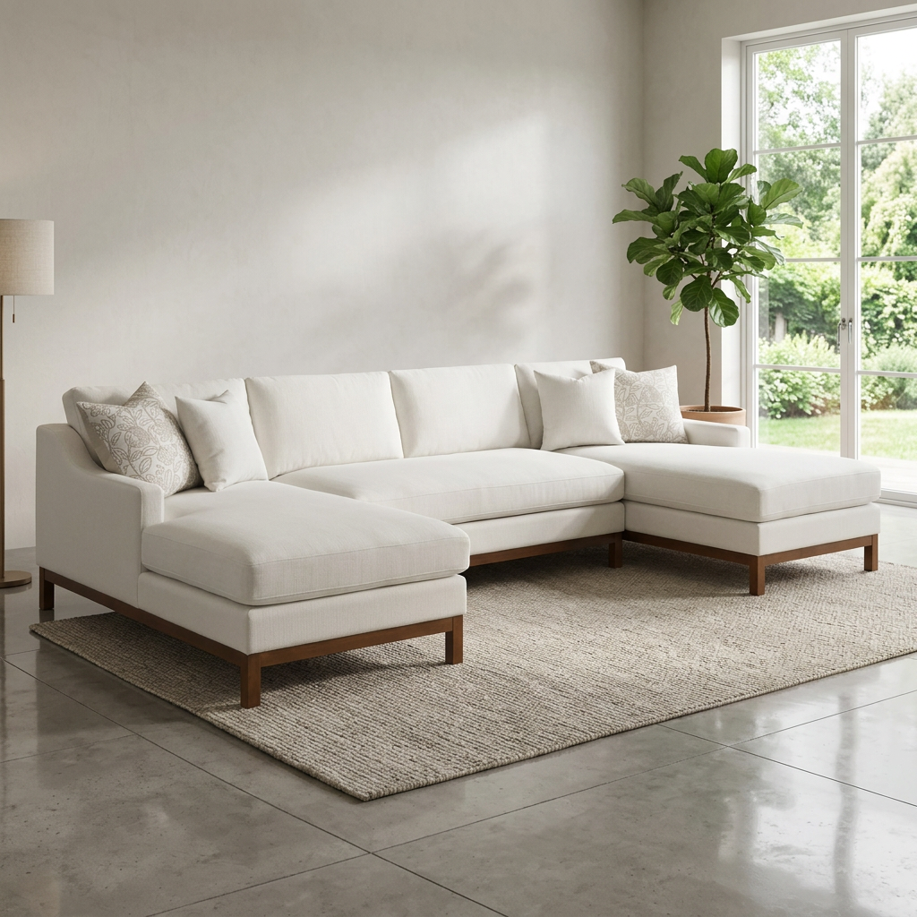 Valiant MCM Ivory Chenille U-Shape Sectional Sofa 127"