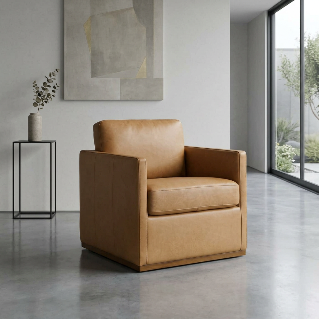 Top-Grain Buffalo Leather Chair – Mid-Century Modern Tan Lounge Chair in stylish contemporary setting.