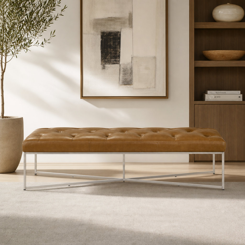 Harper Tufted Leather Bench – 60” Mid-Century Modern Bench (Tan Leather, Metal Frame)