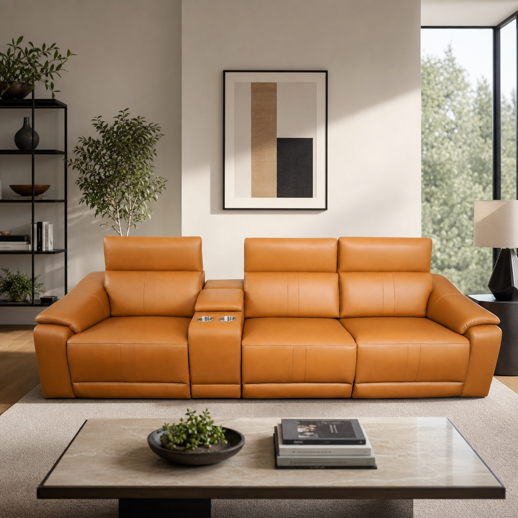 118" Modular Leather Recliner Sectional Sofa – 3-seat Power Reclining Sofa with Cup Holders