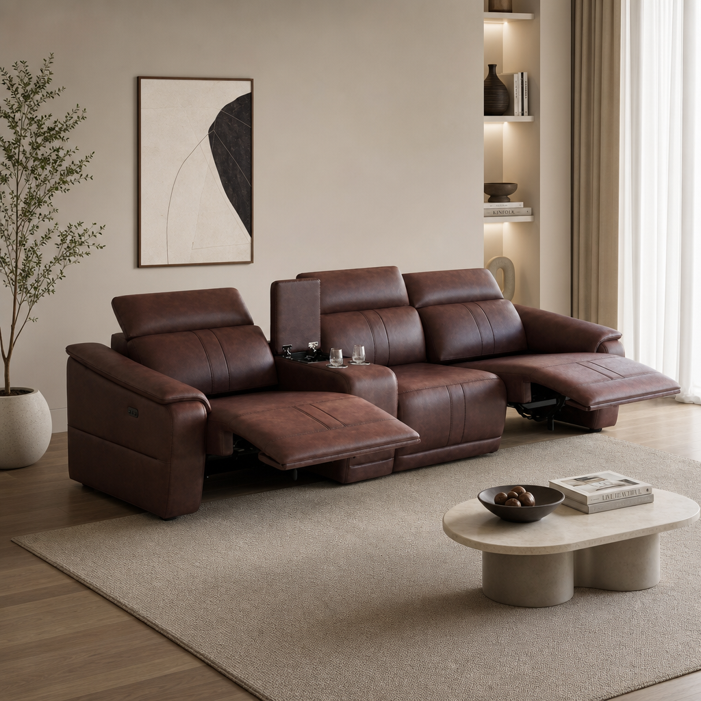 118" Modular Leather Recliner Sectional Sofa – 3-seat Power Reclining Sofa with Cup Holders