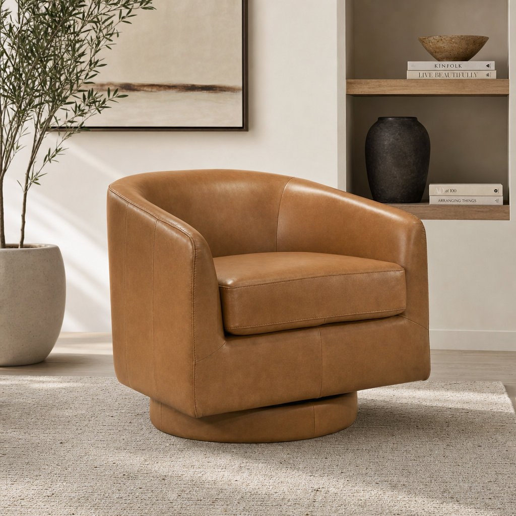 Top-Grain Leather Swivel Accent Chair – Luxury Leather Armchair in rich tan leather with a 360° swivel base.