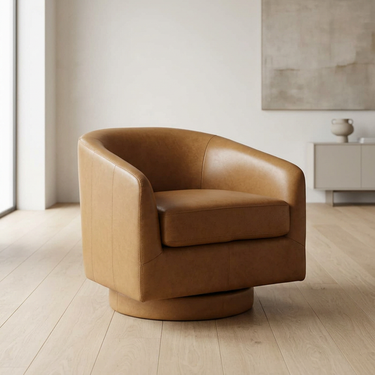 Top-Grain Leather Swivel Accent Chair – Luxury Leather Armchair in a modern interior setting.