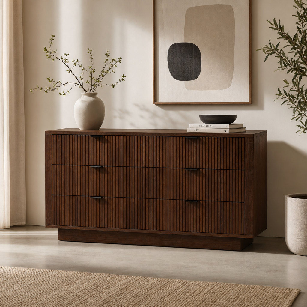 Lola Walnut 6 Drawer Dresser – 56” Mid-Century Modern Bedroom Storage (Solid Wood, Organizer Included)