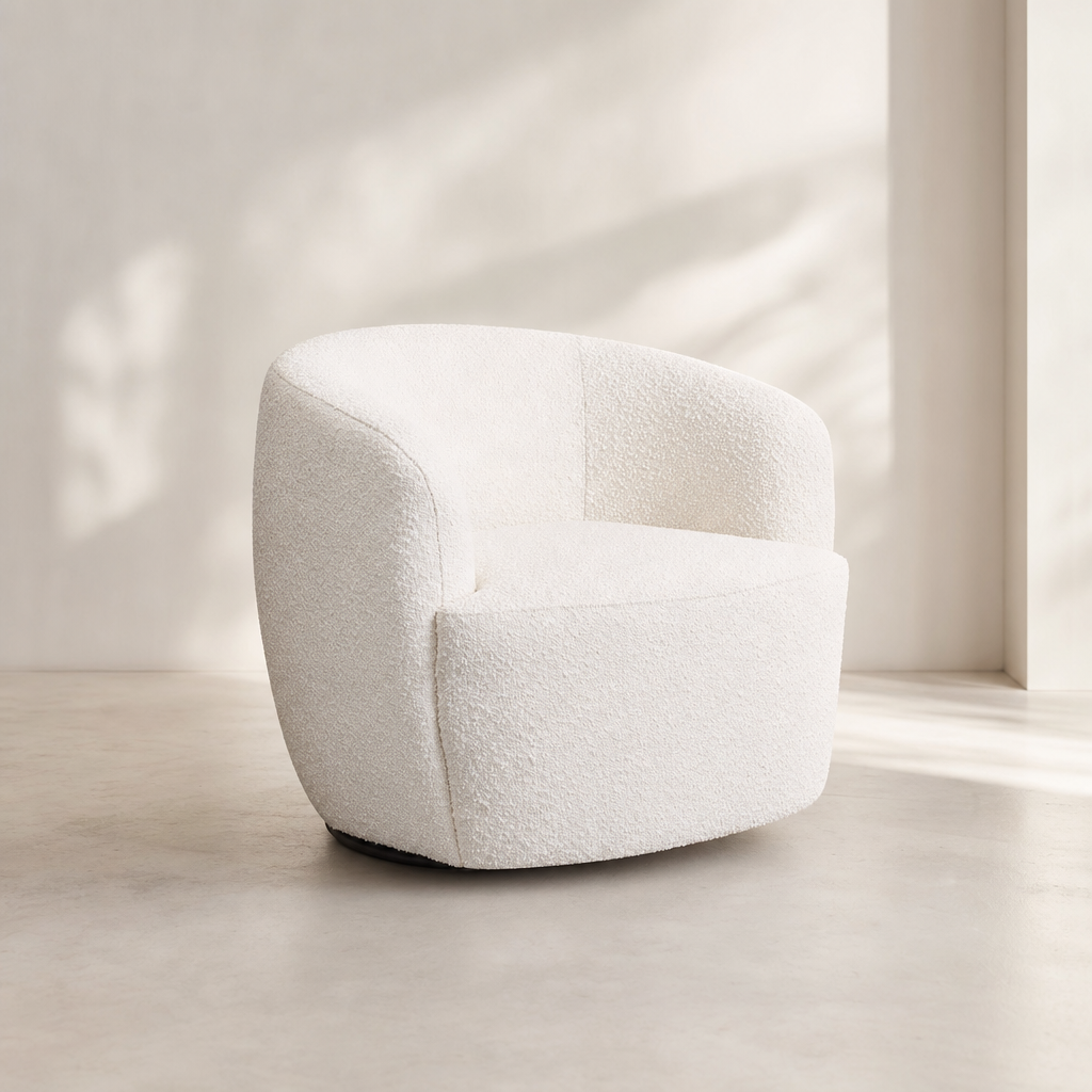 River Boucle Barrel Swivel Chair – Cream White Modern Accent Chair (360° Swivel, Solid Wood Frame)