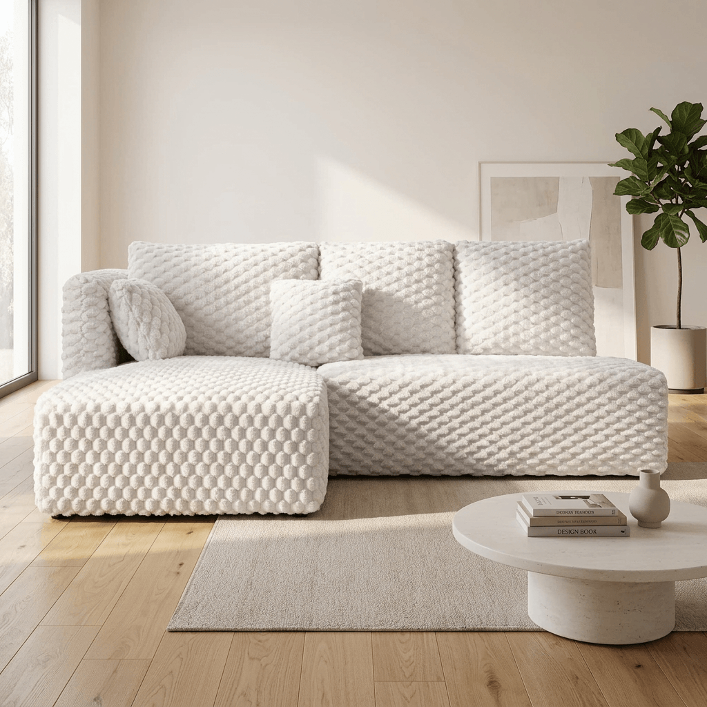 Manya Ivory Corduroy Sectional Sofa – 97” L-Shape Chaise Sofa with Pillows in a modern living room.