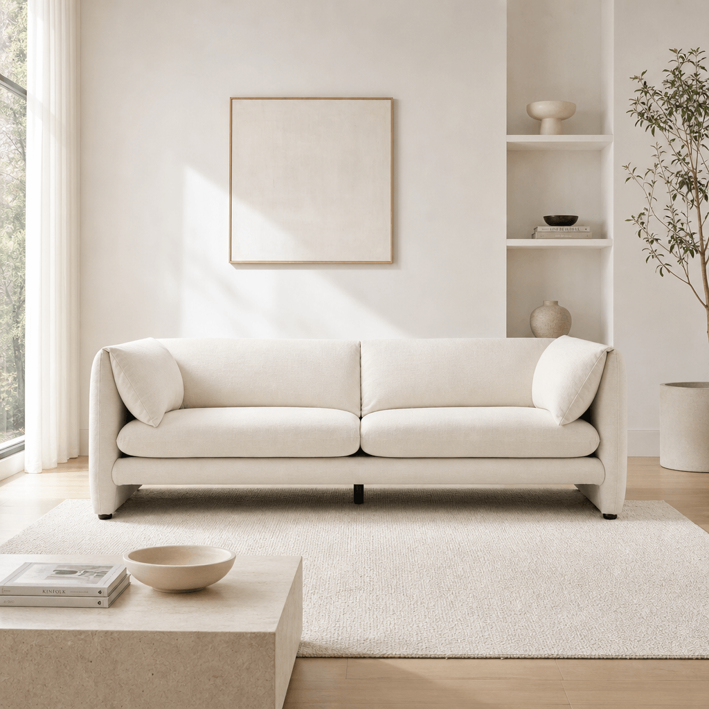 Jaeda Beige Sofa – 89” Modern Linen Sofa (Minimalist 2–3 Seat Couch) in a bright minimalist living room.