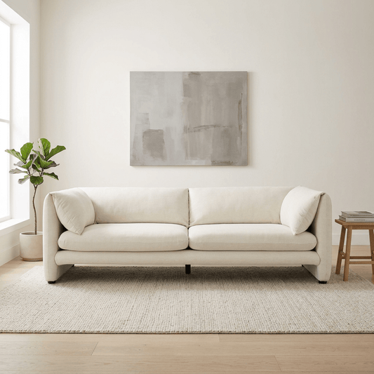 Jaeda Beige Sofa – 89” Modern Linen Sofa (Minimalist 2–3 Seat Couch) in a stylish living room setup.
