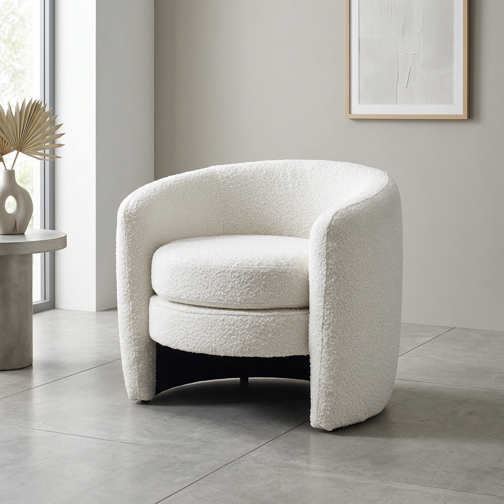 Avalon Boucle Barrel Armchair – Modern White Accent Chair (Curved Lounge Chair, Solid Wood Base)