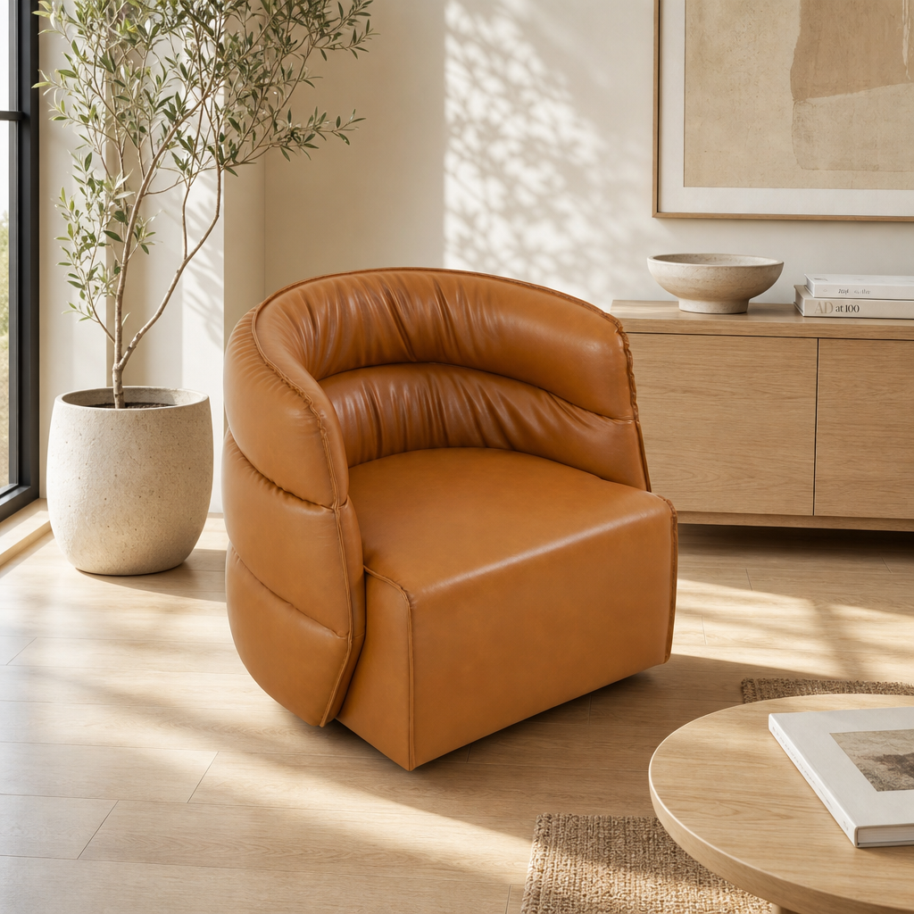 Walden Tufted Faux Leather Swivel Chair – Mid-Century Modern Brown Accent Chair (Fully Assembled)