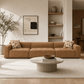 Contemporary Modular Suede Sofa – 144” Chocolate Sectional with Pillows in a modern living room setting.