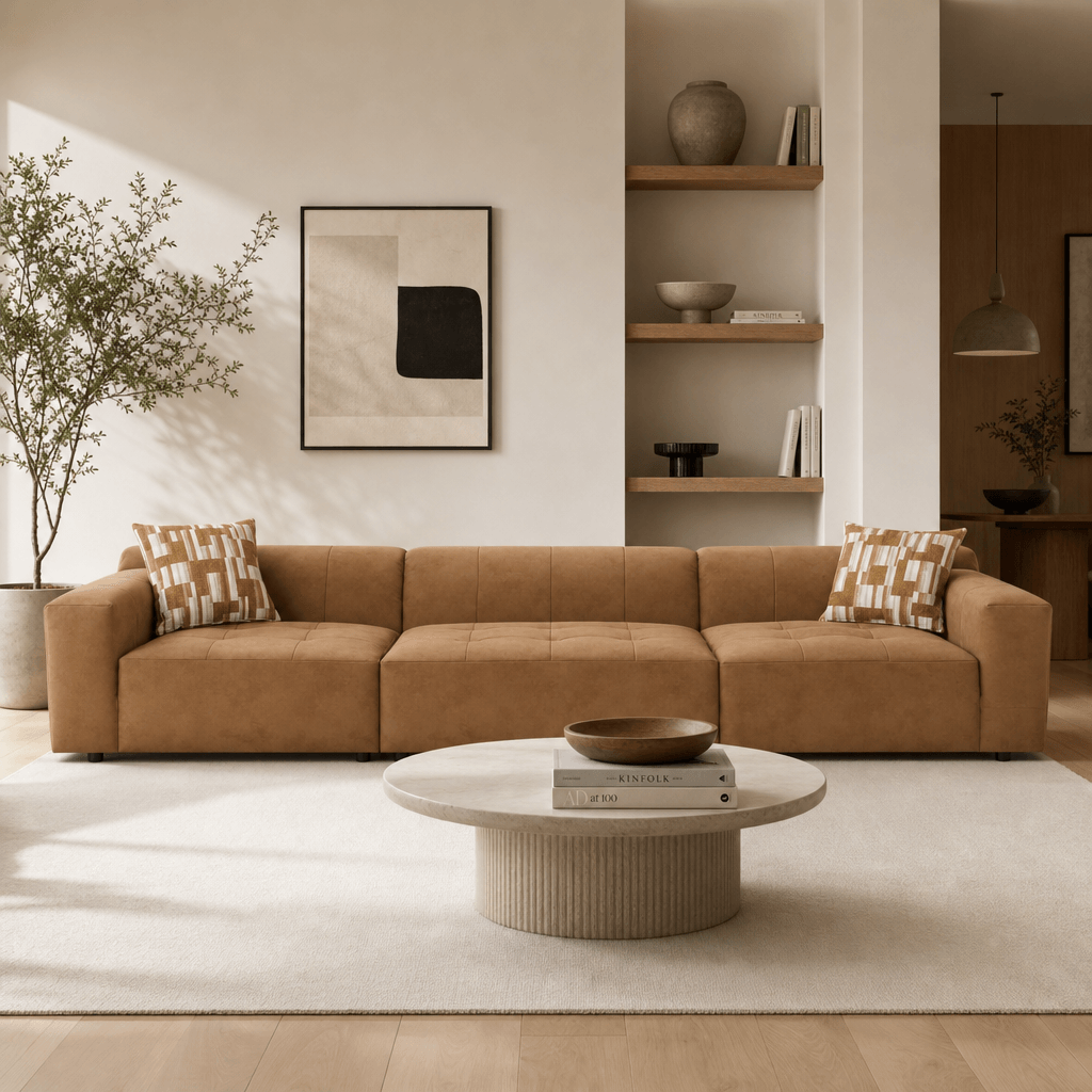 Contemporary Modular Suede Sofa – 144” Chocolate Sectional with Pillows in a modern living room setting.