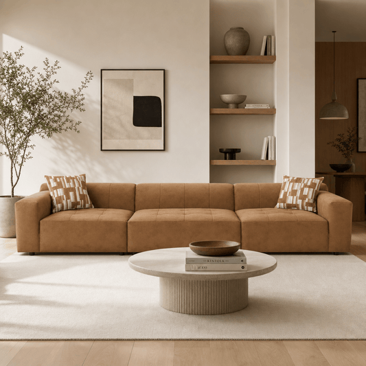 Contemporary Modular Suede Sofa – 144” Chocolate Sectional with Pillows in a modern living room setting.