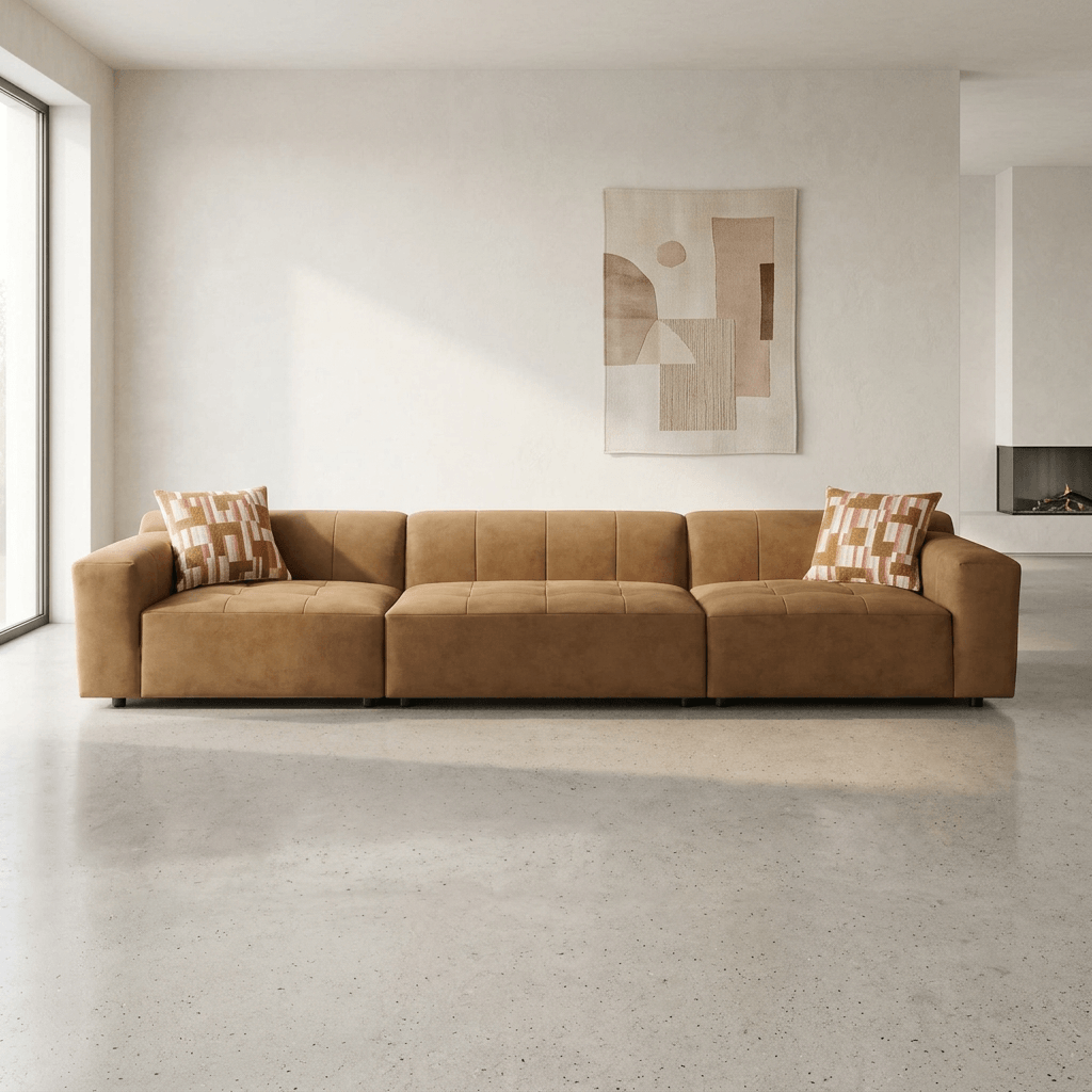Contemporary Modular Suede Sofa – 144” Chocolate Sectional with Pillows in a modern living room setting.