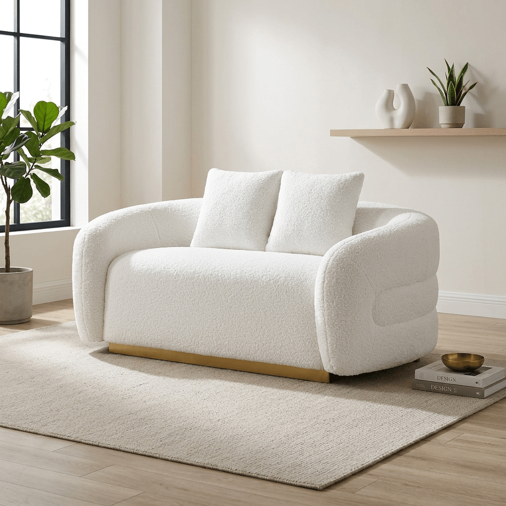 Novella Sherpa Loveseat – 71” White Fabric 2-Seater Sofa with Gold Base in a bright living room.