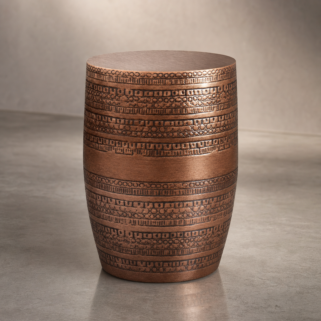 Antique Copper Round Accent End Table 15" – Engraved Metal Drum Side Table