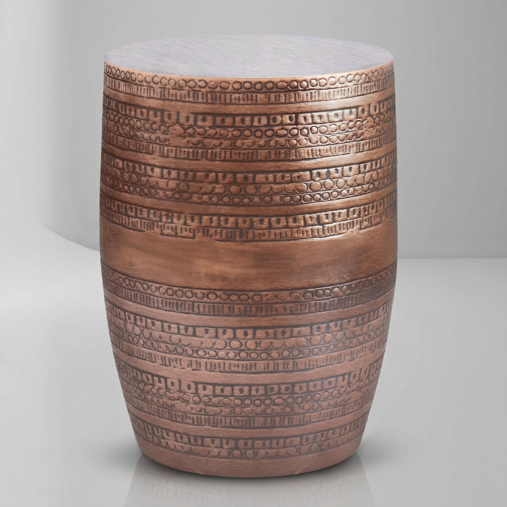 Antique Copper Round Accent End Table 15" – Engraved Metal Drum Side Table