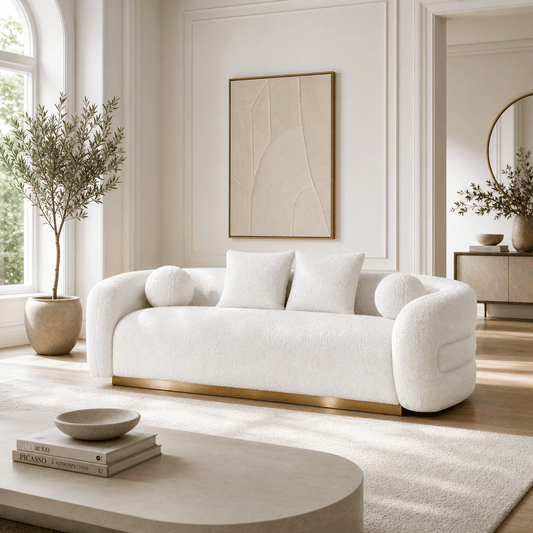 Novella Sherpa Sofa – 92” White Fabric Sofa with Gold Base (Modern Luxury 3-Seater) in a stylish living room setting.