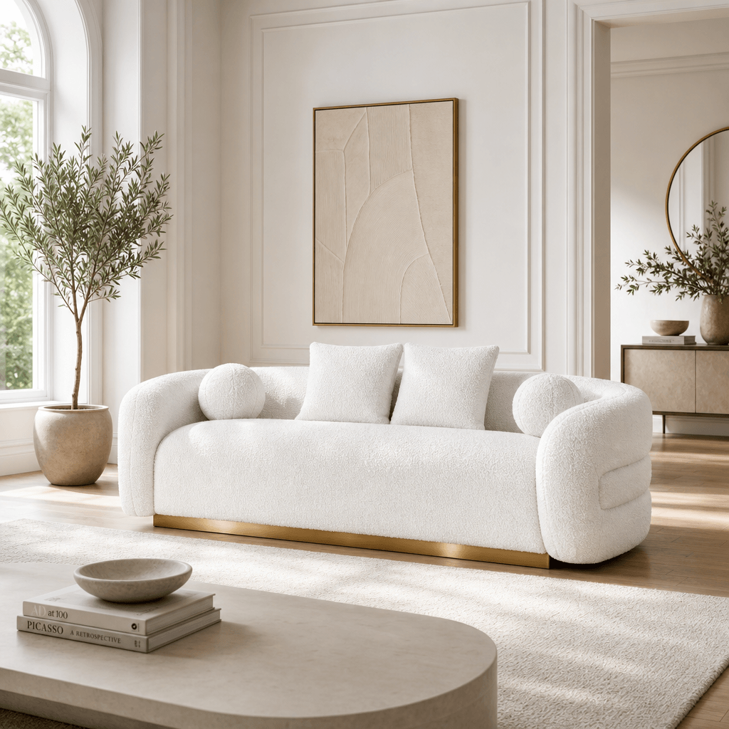 Novella Sherpa Sofa – 92” White Fabric Sofa with Gold Base (Modern Luxury 3-Seater) in a stylish living room setting.