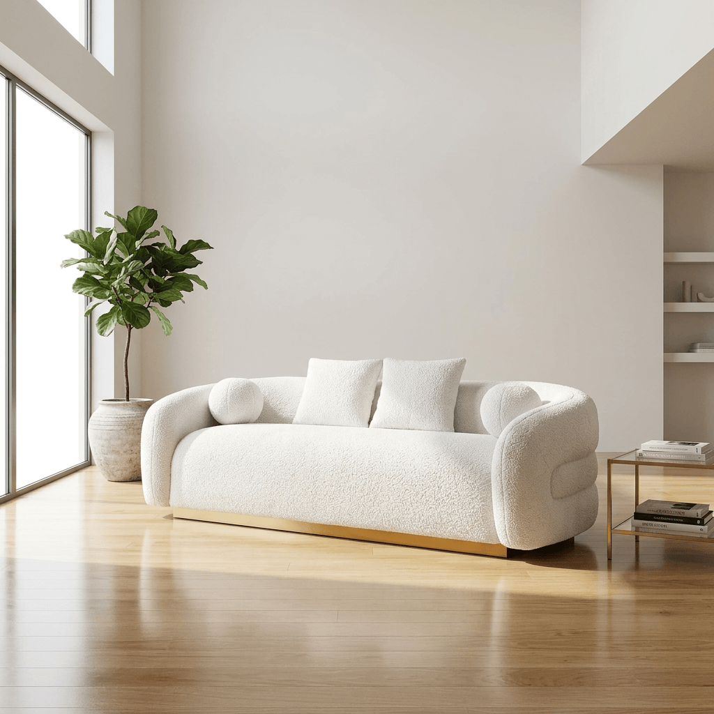 Novella Sherpa Sofa – 92” White Fabric Sofa with Gold Base (Modern Luxury 3-Seater) in a modern living space.