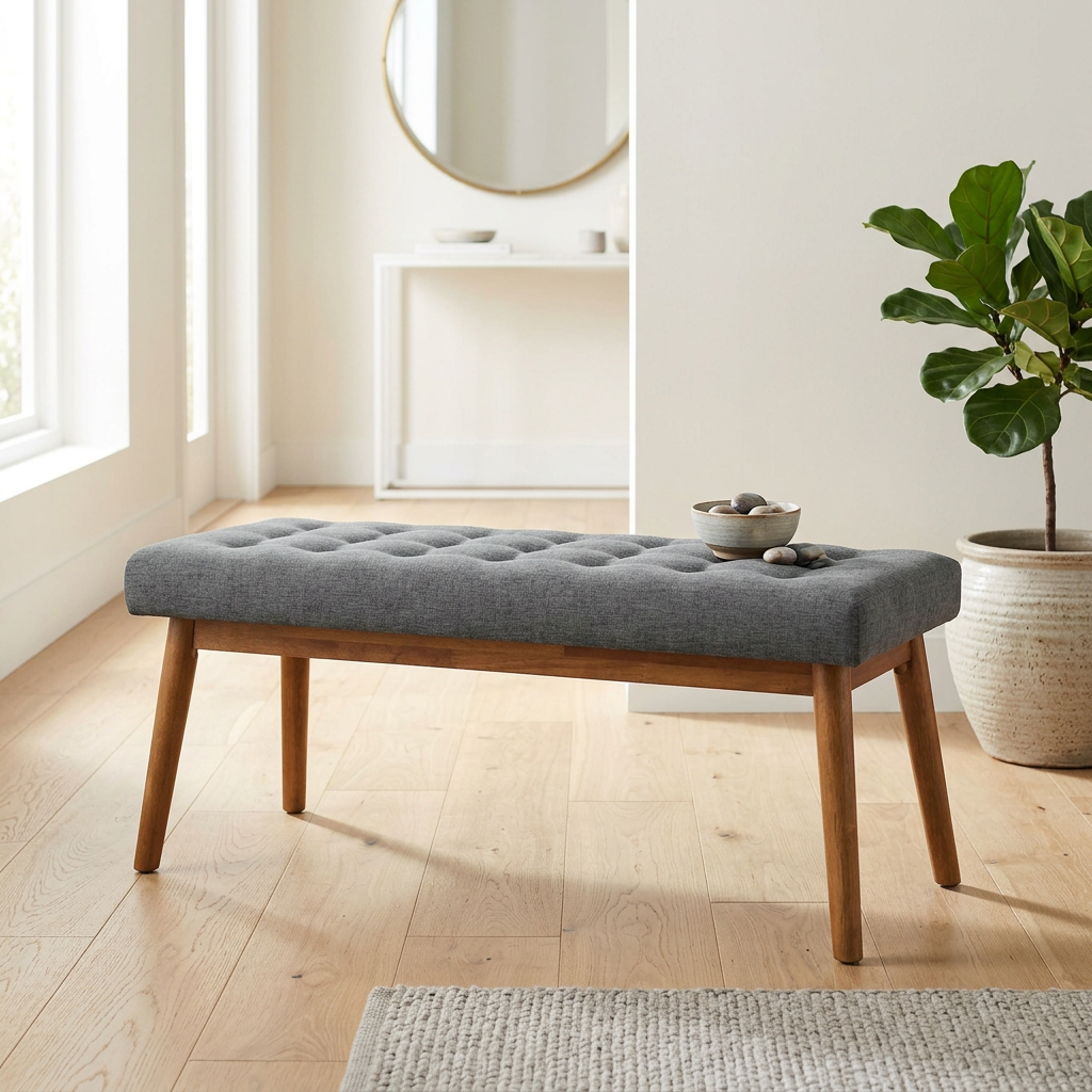 Delilah MCM Tufted Fabric Bench – 43” Upholstered Solid Wood Bench (Mid-Century Modern, Gray)