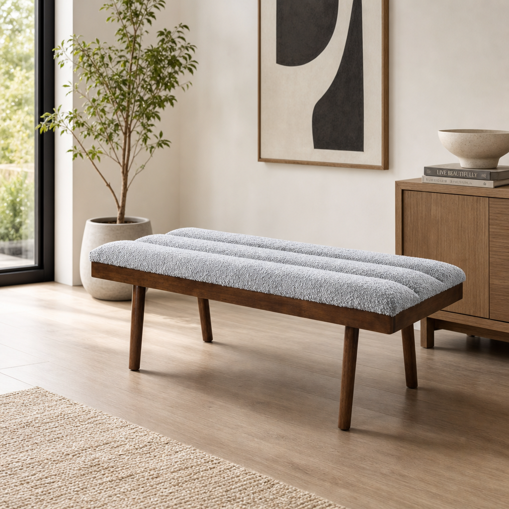 Troni MCM Tufted Gray Boucle Bench 48" – Modern Upholstered Accent Bench