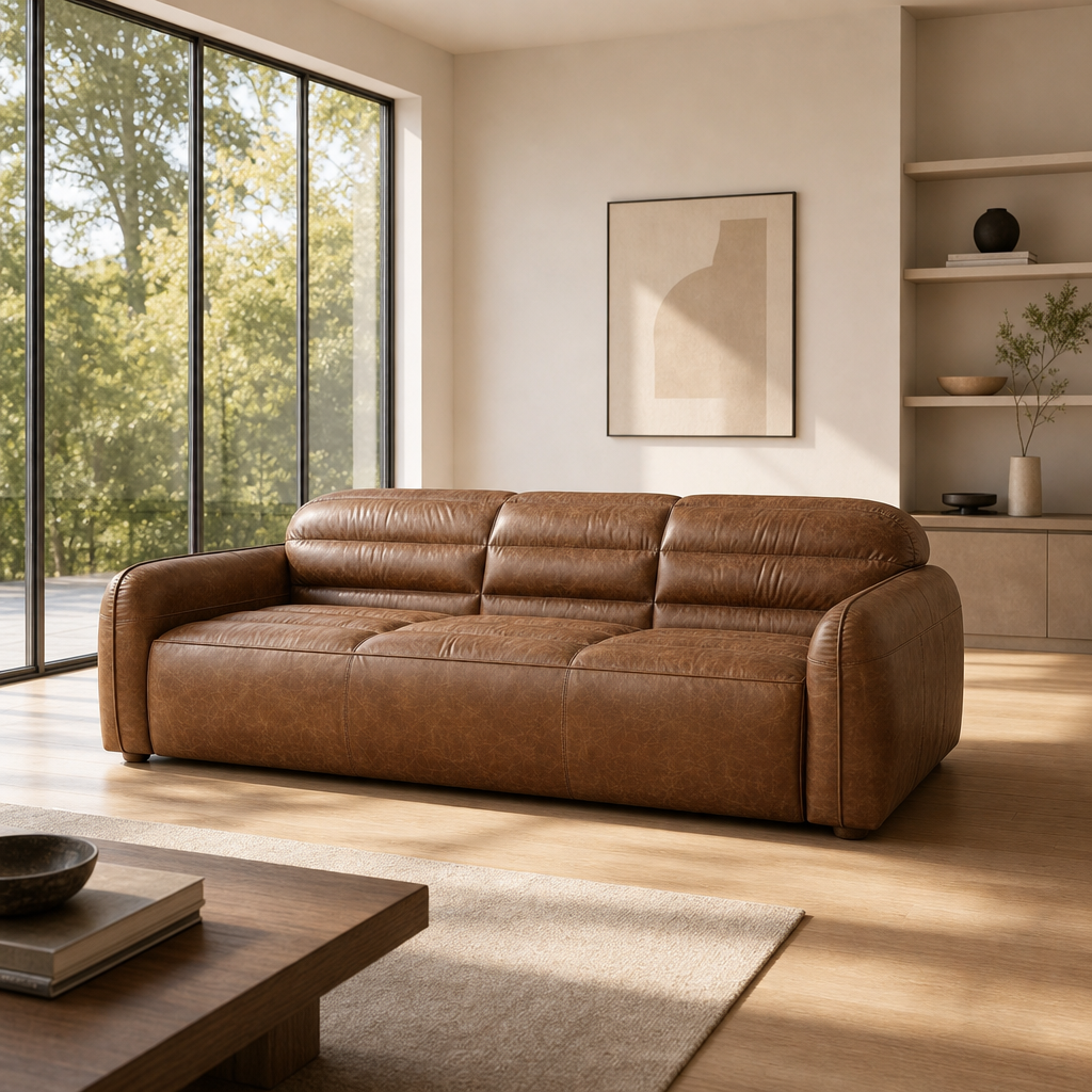 Dark Brown Top Grain Leather Sofa with Black Legs | 95" Contemporary Leather Couch