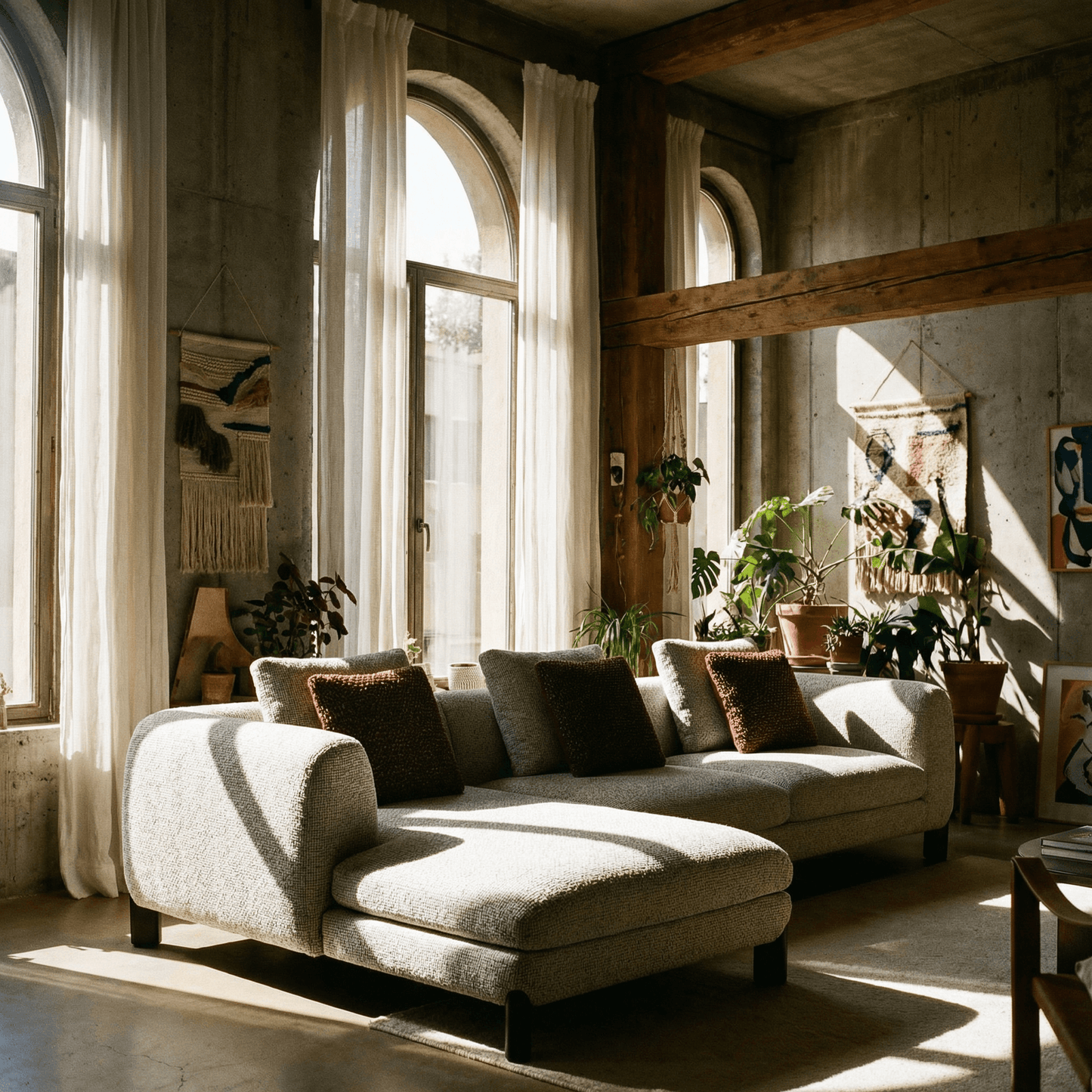 Mardi Tweed Sectional Sofa 120" – Beige Boucle Chaise Sofa with Pillows