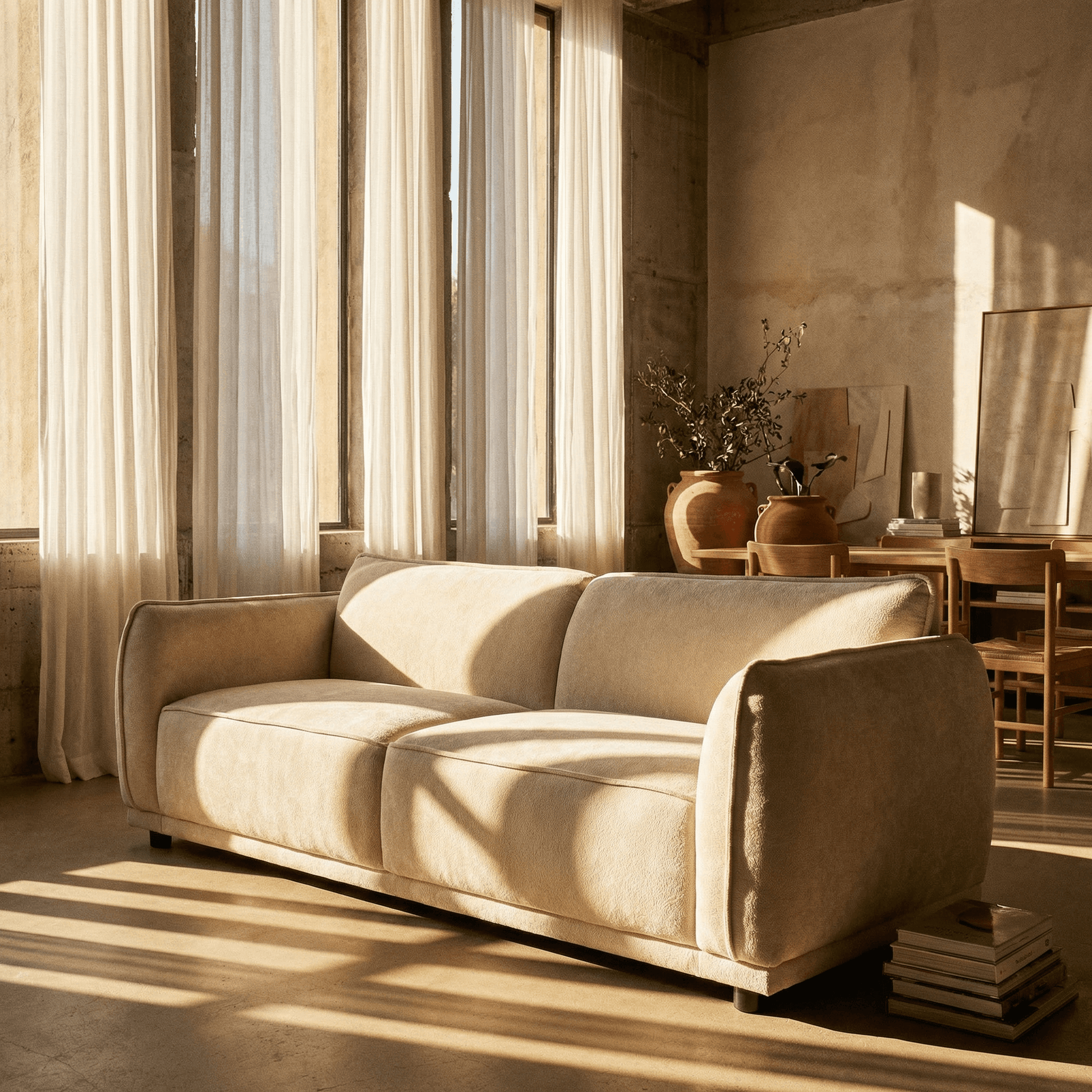 Oslo Boucle Sofa – 84” Round Arm Modern 3-Seater Couch (Beige Upholstered) in a sunlit living room setting.