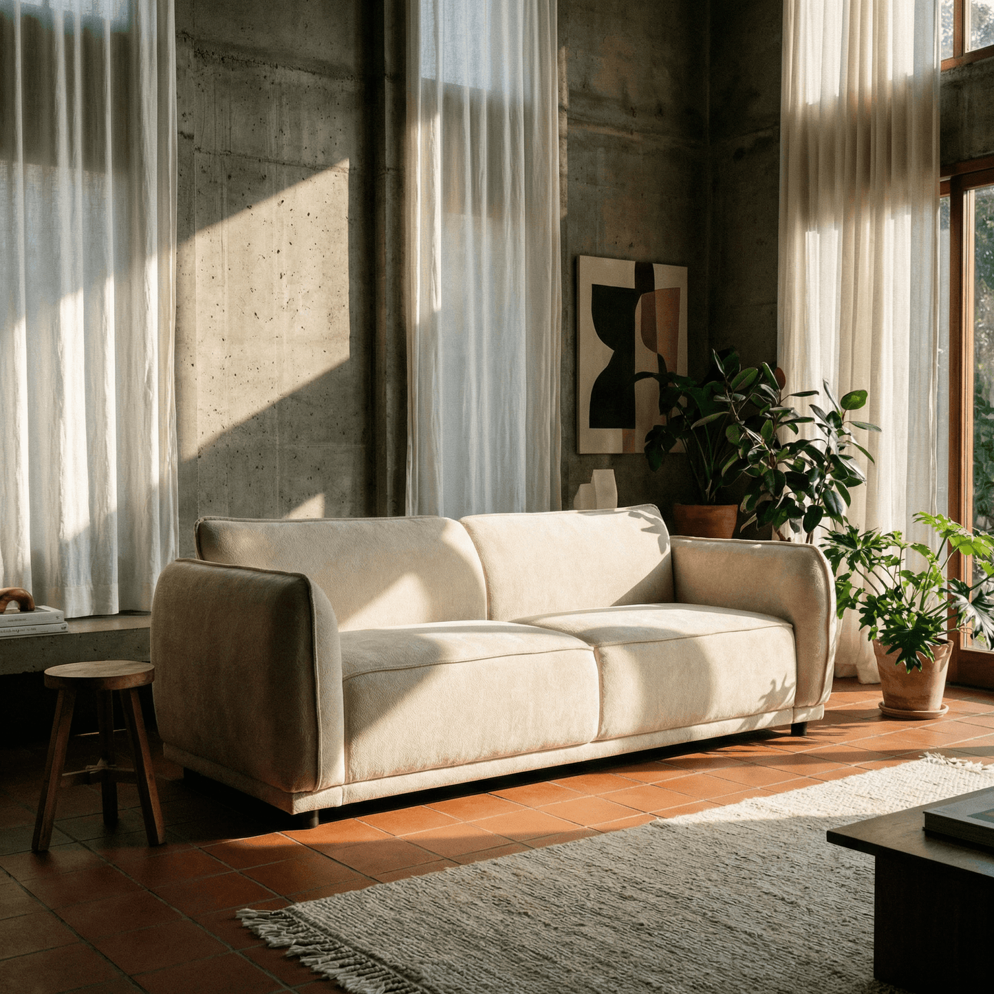 Oslo Boucle Sofa – 84” Round Arm Modern 3-Seater Couch (Beige Upholstered) in a cozy living room setting.