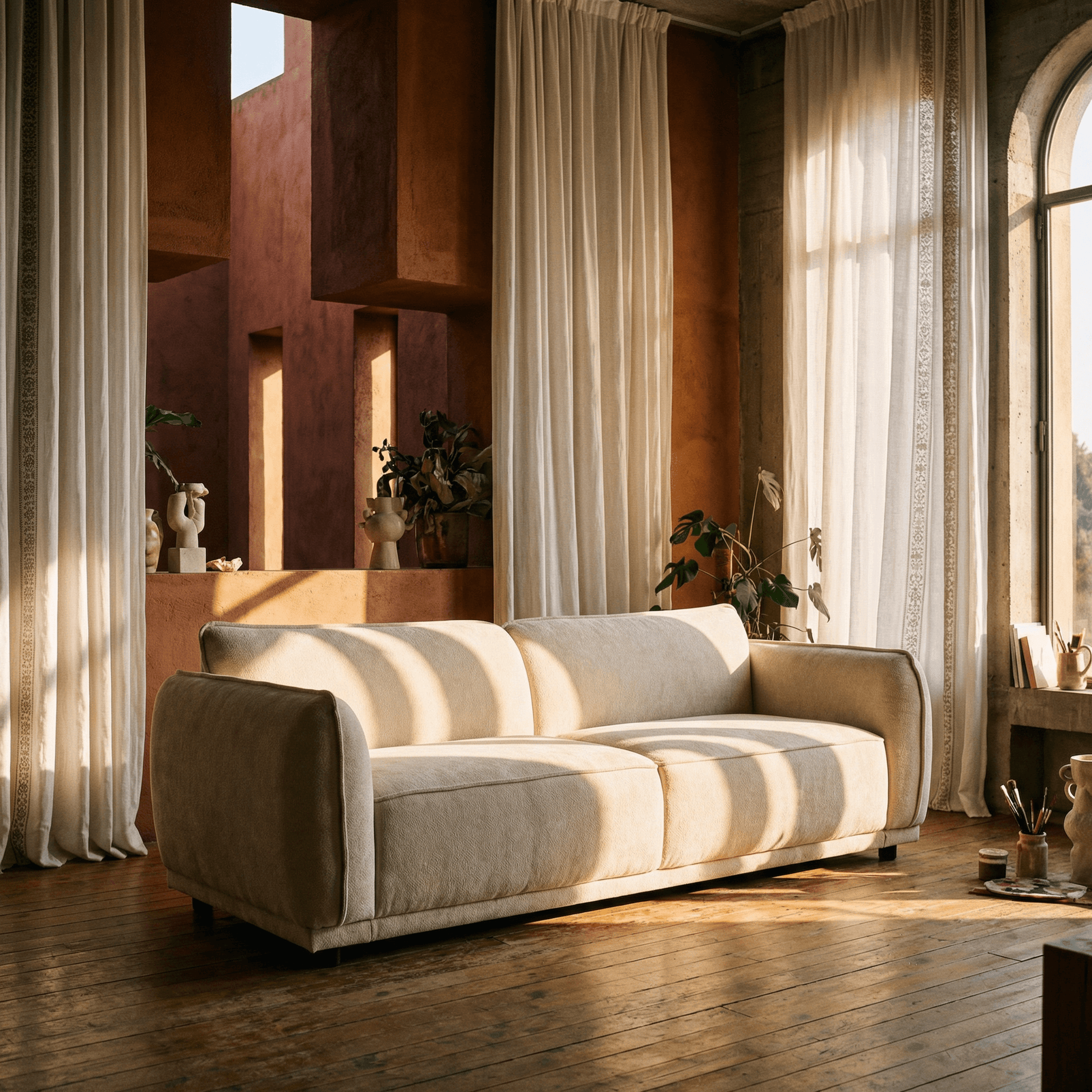 Oslo Boucle Sofa – 84” Round Arm Modern 3-Seater Couch (Beige Upholstered) in a sunlit living room.