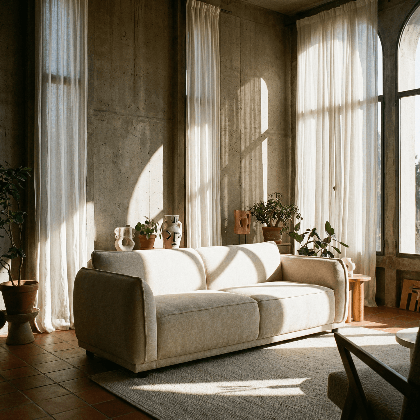 Oslo Boucle Sofa – 84” Round Arm Modern 3-Seater Couch (Beige Upholstered) in a cozy living room setting.