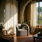 Modern Boucle Lounge Chair – Upholstered Accent Chair with Pine Wood Frame (3 Colors) in a sunlit living space.