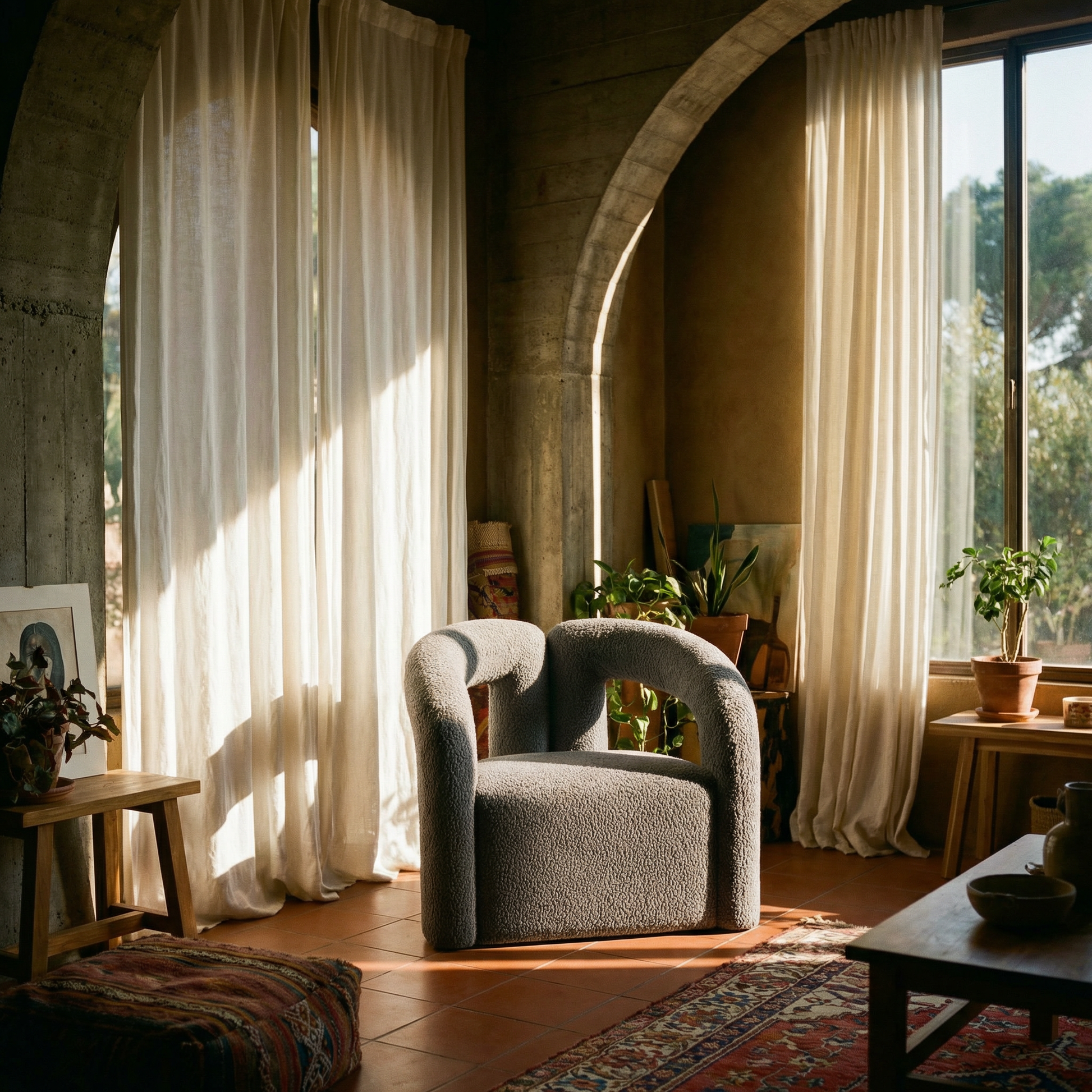 Modern Boucle Lounge Chair – Upholstered Accent Chair with Pine Wood Frame (3 Colors) in a sunlit living space.