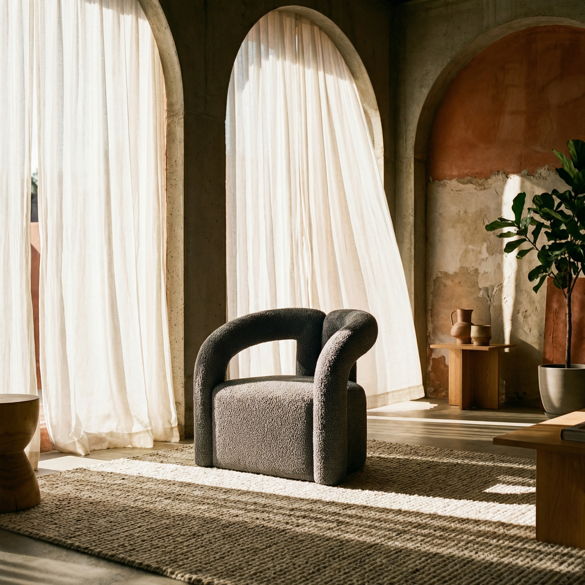 Modern Boucle Lounge Chair – Upholstered Accent Chair with Pine Wood Frame (3 Colors) in a stylish living room setting.