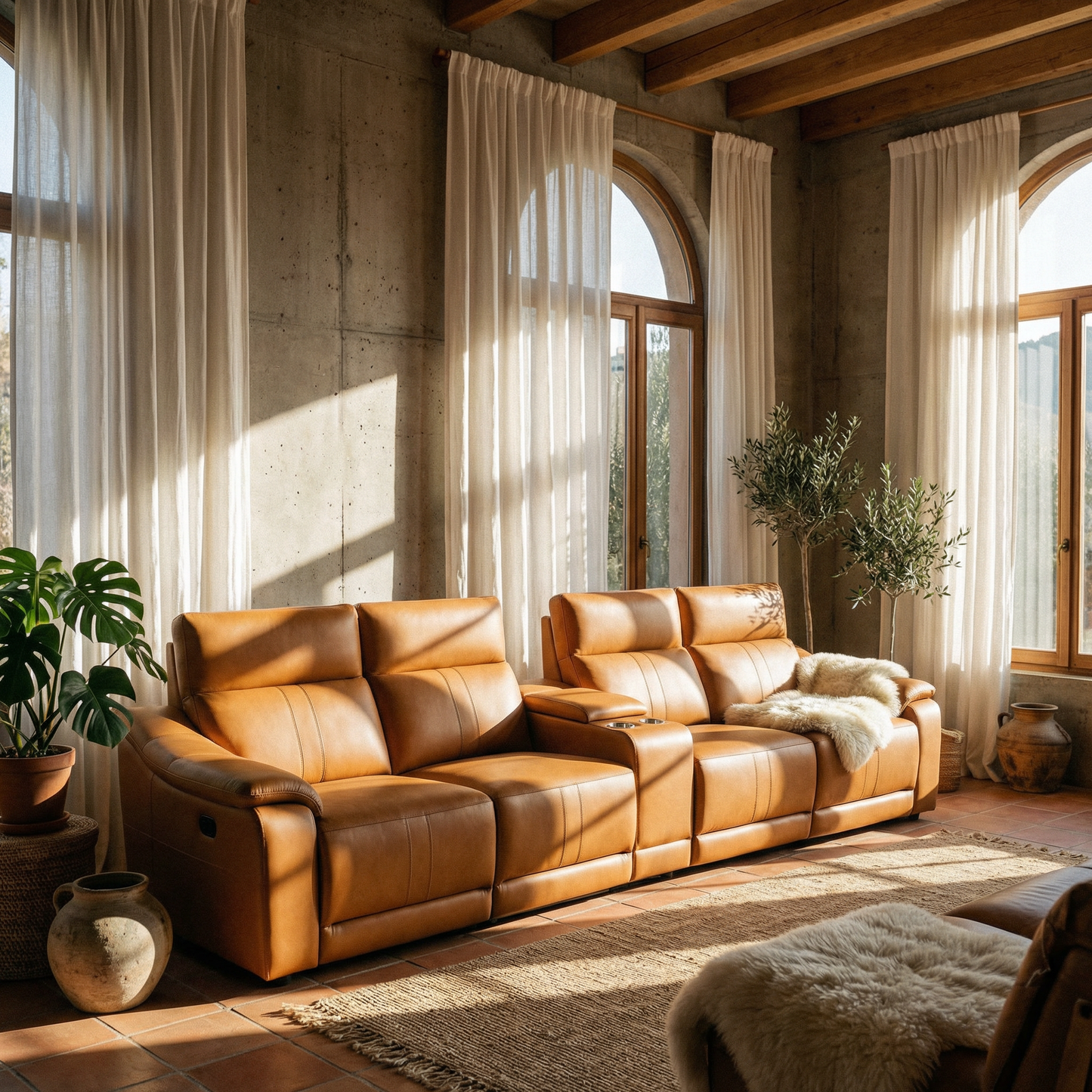 Modern Modular Leather Reclining Sectional Sofa – 5 Piece Couch with Cup Holders (4 Seat) in a stylish living room setting.
