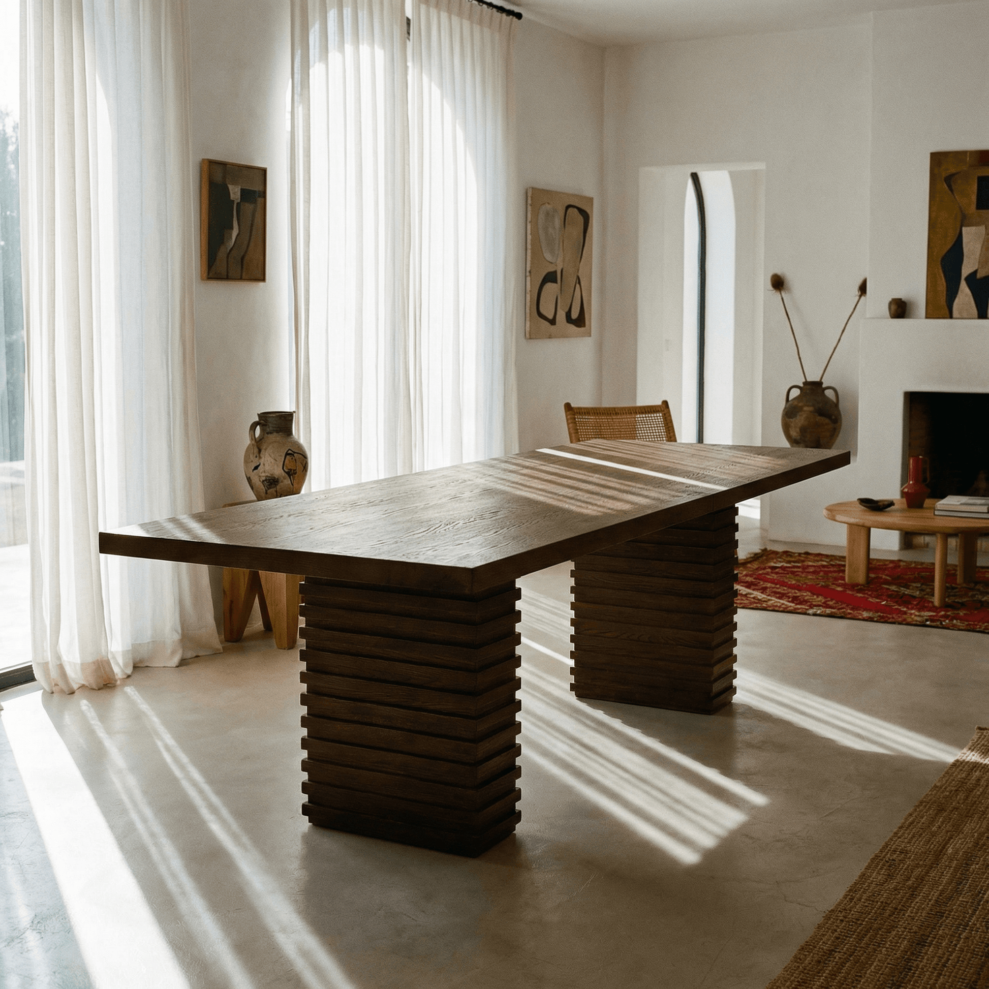 95-Inch Modern Walnut Dining Table for 8 – Large Industrial Wood Dining Table in a stylish dining room setting.