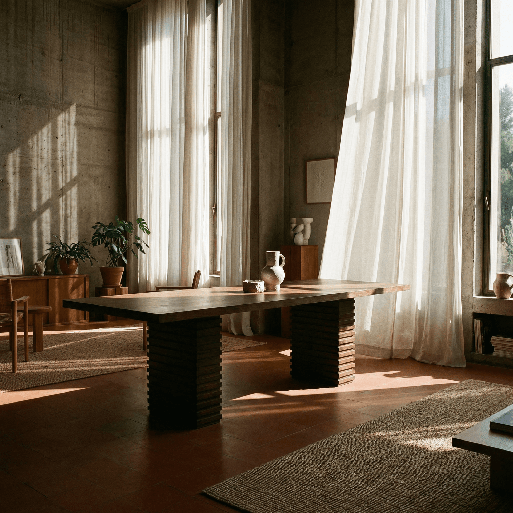 95-Inch Modern Walnut Dining Table for 8 – Large Industrial Wood Dining Table in a beautifully lit interior.