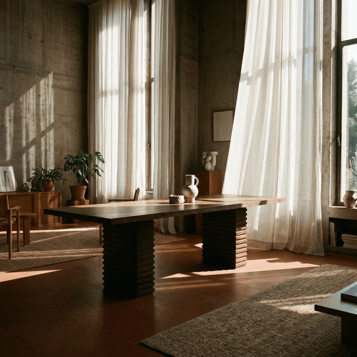 95-Inch Modern Walnut Dining Table for 8 – Large Industrial Wood Dining Table in a beautifully lit interior.