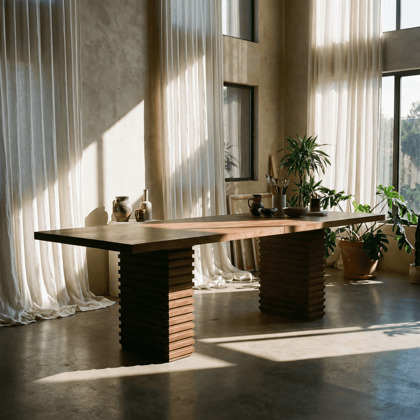 95-Inch Modern Walnut Dining Table for 8 – Large Industrial Wood Dining Table in a sunlit modern interior.