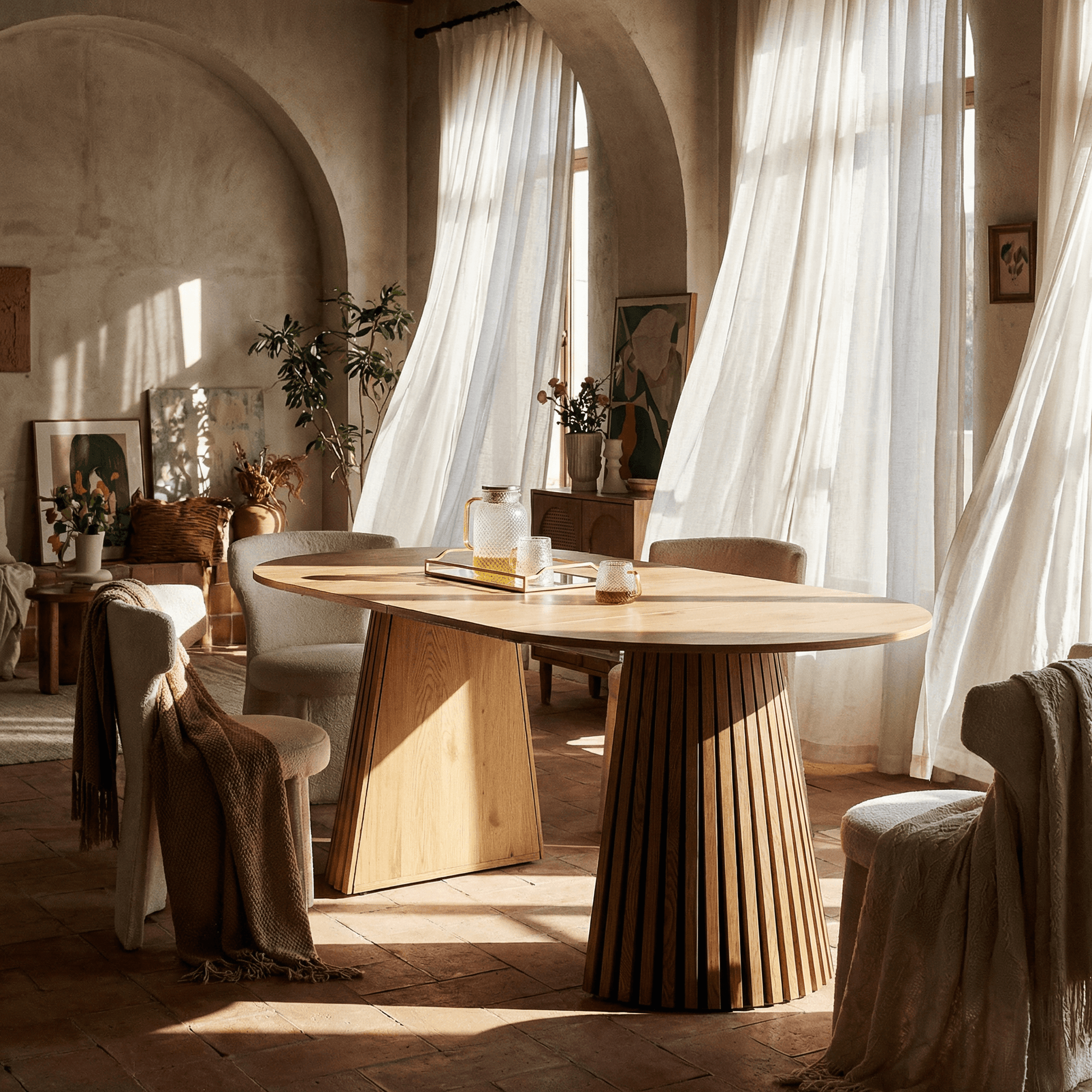 Extendable Oval Dining Table for 6 – Wooden Dining Table (70.8”) in a stylish interior with curtains and decor.