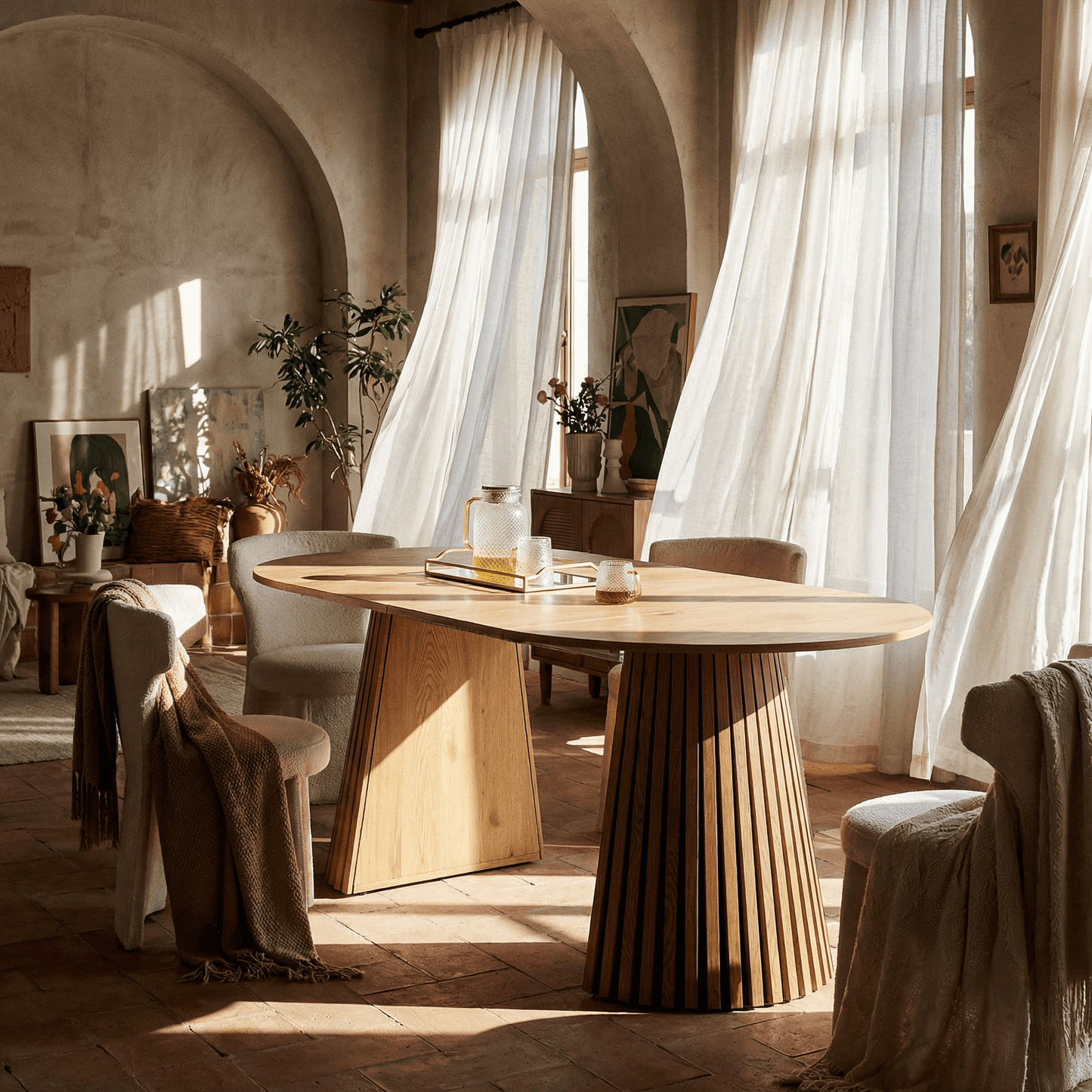 Extendable Oval Dining Table for 6 – Wooden Dining Table (70.8”) in a stylish interior with curtains and decor.